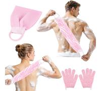 AYBUY Gant Exfoliant Corps Set, 2 Pièces de Gants Exfoliants et 1 Pièce Serviettes Exfoliante, Gant Gommage Corps, pour Exfoliation/Douche/Spa/Massage (B-Rose)