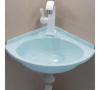 AYCDL Petit évier d'angle mural avec robinet et drainage - Mini lavabo en plastique sans perçage pour salle de bain, vestiaire et toilettes - Solution d'évier peu encombrante, bleu, 27,5 x 27,5 cm