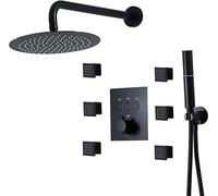 AYCDL Système de douche thermostatique avec robinet de douche rond de 25,4 cm - Kit de garniture de baignoire et de douche avec 2 fonctions - Pulvérisateur à main et rampe de pluie, noir