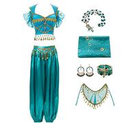 AYIMEIS Costume de Princesse Jasmine Femmes Déguisements Aladdin Princesse avec Accessoires Costumes de Danse du Ventre Noël Fête Halloween Carnaval Cosplay Performance Tenue Adulte Vert/Rouge