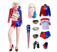 AYIMEIS Femme Déguisement Harley Costume Complet Set Clown Harley Cosplay Costume Bicolore Bleu et Rouge Joker Girl Uniforme Noël Halloween Carnaval Fête Performance Vêtements Adulte
