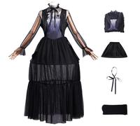 AYIMEIS Femme Mercredi Addams Cosplay Costume avec Perruque Robes de Bal Gothique Noire Déguisement Mercredi Saison 2 Robe de Soirée Noël Halloween Carnaval Fête Scène Fancy Dress Adulte XS-3XL