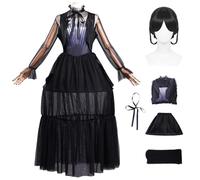 AYIMEIS Femme Mercredi Addams Cosplay Costume avec Perruque Robes de Bal Gothique Noire Déguisement Mercredi Saison 2 Robe de Soirée Noël Halloween Carnaval Fête Scène Fancy Dress Adulte XS-3XL