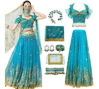 AYIMEIS Femmes Costume de Princesse Jasmine avec Accessoires Déguisements Aladdin Princesse Deluxe Costumes de Danse du Ventre Noël Fête Halloween Carnaval Performance Cosplay Adulte Vert/Rouge