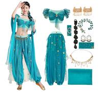 AYIMEIS Femmes Costume de Princesse Jasmine Déguisements Aladdin Princesse avec Accessoires Costumes de Danse du Ventre Noël Fête Halloween Carnaval Cosplay Performance Tenue Adulte Vert M-XL