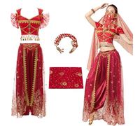 AYIMEIS Femmes Costume de Princesse Jasmine Déguisements de Aladdin Princesse avec Accessoires Costumes de Danse du Ventre Noël Fête Halloween Carnaval Cosplay Performance Tenue Adulte Vert/Rouge