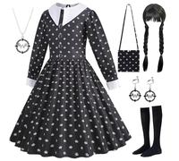 AYIMEIS Fille Mercredi Cosplay Costume avec Perruque Accessoires Déguisement Mercredi Addams Costume Robe Gothique Noire Noël Halloween Carnaval Fête Performance Fancy Dress Enfant 110-160