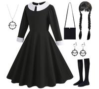 AYIMEIS Fille Mercredi Cosplay Costume avec Perruque Accessoires Déguisement Mercredi Addams Costume Robe Gothique Noire Noël Halloween Carnaval Fête Performance Fancy Dress Enfant 110-160