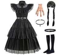 AYIMEIS Fille Mercredi Cosplay Costume avec Perruque Déguisement Mercredi Addams Costume Robes de Bal Gothique Noire Noël Halloween Carnaval Fête Performance Fancy Dress Enfant 110-160