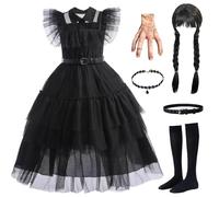 AYIMEIS Fille Mercredi Cosplay Costume avec Perruque Déguisement Mercredi Addams Costume Robes de Bal Gothique Noire Noël Halloween Carnaval Fête Performance Fancy Dress Enfant 100-160