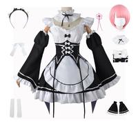AYIMEIS REM Ram Cosplay Maid Costume avec Perruque Déguisement de Anime Re Zero REM Ram Cosplay Uniforme Maid Dress Halloween Carnaval Noël Fête Performance Costume pour Adulte
