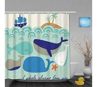 AYISTELU Rideau de Douche,Baleine Bleue Bateau de Vague de mer Bleue cocotier,Tissu Ensemble de Décor de Salle de Bain avec 12 Crochets en Plastique,180x180cm