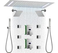 AYIVG Double vanne de dérivation à 3 voies Affichage numérique 6 fonctions 3 Système de douche à effet pluie Montage plafond 35,6 x 50,8 cm Mural 20,3 + 20,3 cm et pommeau de douche à main avec 6 jets
