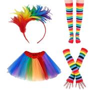Ayizhiniu 4pcs tutu Arc-en-Ciel Femme Déguisement, Jupes en Tulle Arc-en-Ciel, Bandeau à Plumes Colorées, Chaussettes Gants Arc-en-Ciel Jusqu'au Genou, S'applique à Événement Thématique Noël (A)