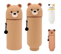 Ayizhiniu Trousse Kawaii Animaux 2 en 1 en Silicone Souple - Trousse Verticale avec Fermeture Eclair pour Crayons, Stylos, Gommes, Règles (A)