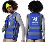 AYKRM Gilets haute visibilité Bleu femme imprimés personnalisés Fermeture à glissière poches LOGO Gilet de sécurité réfléchissant personnalisé femme