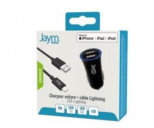 aym - Pack Chargeur Voiture 2 PORT USB 12W + Câble Lightning 1 mètre Compatible Lightning MFI Noir