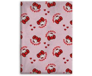 Aymax Couverture Flanelle Enfant Hello Kitty Sanrio 110x150 cm | All-Over Médaillons Nœuds Rouges Cœurs Rose | Licence Officielle