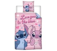 Aymax, Housse de Couette Stitch 140x200 cm en Polycoton - Parure Enfant avec Taie d’Oreiller 65x65 cm - Design Romantique Love You to The Stars