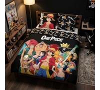 Aymax One Piece Housse de Couette 220x240 cm + 2 taies 63x63 Noir | Parure de lit 2 personnes | Microfibre sechage rapide | Equipage Chapeau de Paille | Ado | Idee cadeau