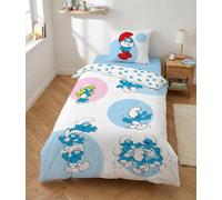 Aymax Parure de Lit Bleue Schtroumpfs, Polycoton, Housse de Couette Réversible 140x200 cm + Taie d'oreiller 65x65 cm