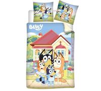 Aymax Parure de Lit Bluey en Flanelle, 100% Coton, Housse de Couette 1 Personne Réversible 140x200 cm + Taie d'oreiller 65x65 cm, avec Bluey, Bingo, Bandit et Chilli