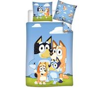 Aymax Parure de Lit Bluey Family, 1 Personne, Housse de Couette Réversible 140x200 cm + Taie d'oreiller 65x65 cm, Bleu, Polycoton