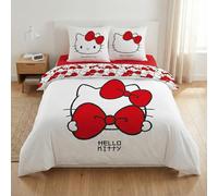 Aymax Parure de Lit Double Hello Kitty Bow, 2 Personnes, Housse de Couette Réversible 240x220 cm + 2 Taies d'oreiller 65x65 cm, Blanc