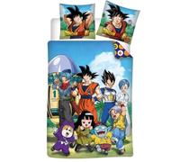 Aymax Parure de Lit Dragon Ball Super - Housse de Couette Réversible 140x200 cm et Taie 65x65 cm - 52% Coton / 48% Polyester - Certifiée Oeko-Tex - Design Officiel Goku Vegeta Trunks