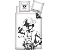 Aymax Parure de Lit One Piece Noir et Blanc | 100% Coton | Housse de Couette 140x200 cm | Taie d'oreiller 60x70 cm | avec Monkey D. Luffy
