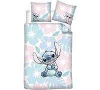 Aymax! Parure de lit Stitch Flowers – Réversible 140x200, taie 65x65, polycoton Oeko-Tex – Bleu/Rose