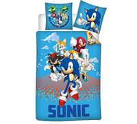 Aymax Parure de Lit Sonic Le Hérisson Enfant - Housse de Couette Réversible 140x200 cm et Taie d'oreiller 63x63 cm - 100% Polyester Qualité Supérieure - Certifiée Oeko-Tex Standard 100 - Bleu