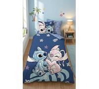 Aymax Parure de Lit Stitch & Angel - Housse de Couette 135x200 + Taie d'oreiller 80x80 cm - Enfant - Réversible - 52% Coton 48% Polyester - Motifs Tropicaux - Bleu