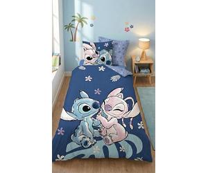 Aymax Parure de Lit Stitch & Angel Leaf, Housse de Couette Réversible 140x200 cm + Taie d'oreiller 65x65 cm, Polycoton, Certifiée Oeko-Tex