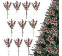 AYNKH 10 pcs décorations de Noël rouges de 7,87 pouces avec tiges de baies, branches artificielles blanches baies pommes de pin et feuilles de houx pour sapin de Noël couronnes décorations artisanales