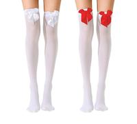 AYNKH 2 Paires de Bas Blancs à Hauteur du Genou avec Nœud en Satin, Chaussettes Longues à Hauteur du Genou des Cuisses pour les Femmes Filles, les Fêtes à Thème et le Cosplay