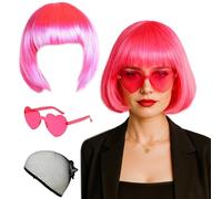 AYNKH 3 Pièces Perruques Roses pour Femmes, Ensemble Perruque et Lunettes de Soleil pour Fête, Perruque Bob Neon Colorée, Idéal pour Cosplay, Fêtes Quotidiennes, Carnaval, Halloween, Rose