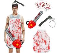 AYNKH 4PCS Costume de boucher de scie, tablier sanglant, autocollants de tatouage réalistes, couteau en tête, scie à chaîne gonflable, décorations effrayantes de fête de carnaval d'Halloween