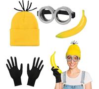 AYNKH 4PCS Costumes d'Halloween,Accessoires de Costume de Banane,Décorations d'Halloween,Lunettes,Chapeau Pee Wee Jaune sans Bord,Gants,Pinces à Banane Parties de Jeu de Rôle, Parties de Déguisement