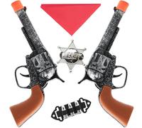 AYNKH 5 Pièces Kids Wild West Cowboy Sheriff Double Gun Set avec 2 Cowboy Toy Guns, Red Bandana, Bullet Clip et Sheriff Badge pour Role Play, Drama Performance, Dress Up Party