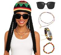 AYNKH 5PCS Accessoires Costume Reggae,Set Déguisement Jamaïcain,Caraïbes,Lunettes Soleil Noires,Perruque Tressée,Chapeau,Bracelet,Collier,Femmes Hommes Party Masquerade Cosplay Halloween Carnaval