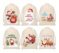 AYNKH 6 Sacs Cadeau Noël,Christmas Wrapping Gift,Beautifully Embroidered Wrapping,Cream with Colourful Embroidery,Drawstring Gift Bags forHomemade Jams/Cookies/Toys,15 x 20 cm
