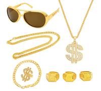 AYNKH 8 PCS Costume de Proxénète,Look Hip-Hop Masculin des Années 80/90 Carnavals,Fêtes de Carnaval et Fêtes à thème,Tels que Colliers en Or,Colliers en Dollars,Anneaux en Dollars et Bracelets en Or
