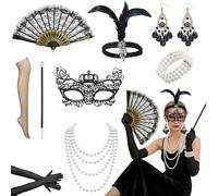 AYNKH 9 Pièces Accessoires Gatsby Costume Set, Accessoire Année 20 Femme, Charleston Année 20 avec Flapper Bandeau Gants Collier de Perles Boucles d'oreilles, pour Halloween Carnaval Mascarade