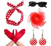 AYNKH Accessoires Années 50 Femmes, 5PCS Fancy Dress Kit, Bandeau à Pois Mousseline Bandana Boucles d'oreilles Lunettes Gants rouges pour Fête Carnaval