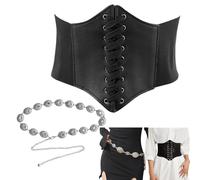 AYNKH Ceinture ChaîNe + Corset Pirate, Ceinture ChaîNe en MéTal Argenté,Corset Noir,Ceinture en ChaîNe Boho, Ceinture ChaîNe MéTal Ajustable, Robe,Jean, FêTe le ThèMe,Halloween, Cadeau Femme.