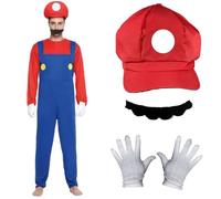 AYNKH Costume de Mario Costume de Déguisement pour Adultes et Enfants Chapeau Mario Bodysuit Moustache Gants Blancs Accessoires de Costume pour Halloween Cosplay Carnaval Party