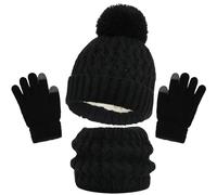 AYNKH Enfants écharpe de Chapeau d'Hiver et Ensemble de Gants, Pom Bobble Chapeau Tricoté Chaleur Crochet épais écharpe Mouleuse deux Doigts écran Tactile Ensemble de Gants Garçons et Filles 2-8(Noir)