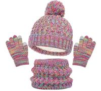 AYNKH Enfants écharpe de Chapeau d'Hiver et Ensemble Gants, Pom Bobble Chapeau Tricoté Chaleur Crochet épais écharpe Mouleuse Doigts écran Tactile Ensemble de Gants Garçons et Filles 2-8(Arc-en-ciel)