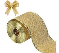 AYNKH Gold Wired Glitter Christmas Ribbon - 5cm x 10m Polyester, Metallic Wrapping Ribbon for Gift Wrapping, Christmas Trees, Wreaths, Weddings & Crafts